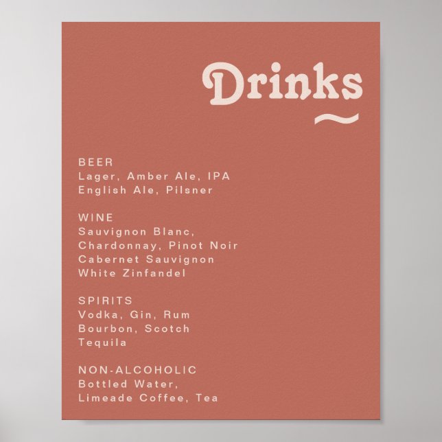 Simple Retro | Old Rose Wedding Drinks Menu Sign (Front)