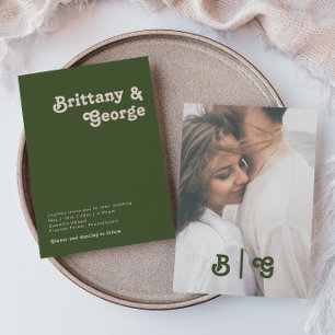 Simple Retro   Olive Green Casual Photo Monogram Invitation