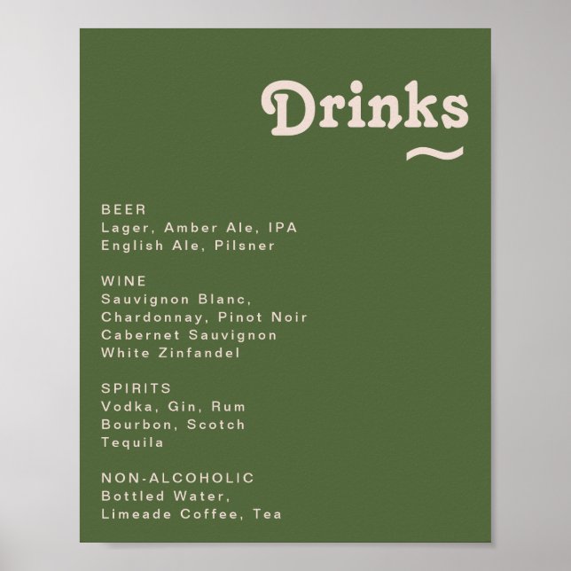 Simple Retro Olive Green Wedding Drinks Menu Sign (Front)