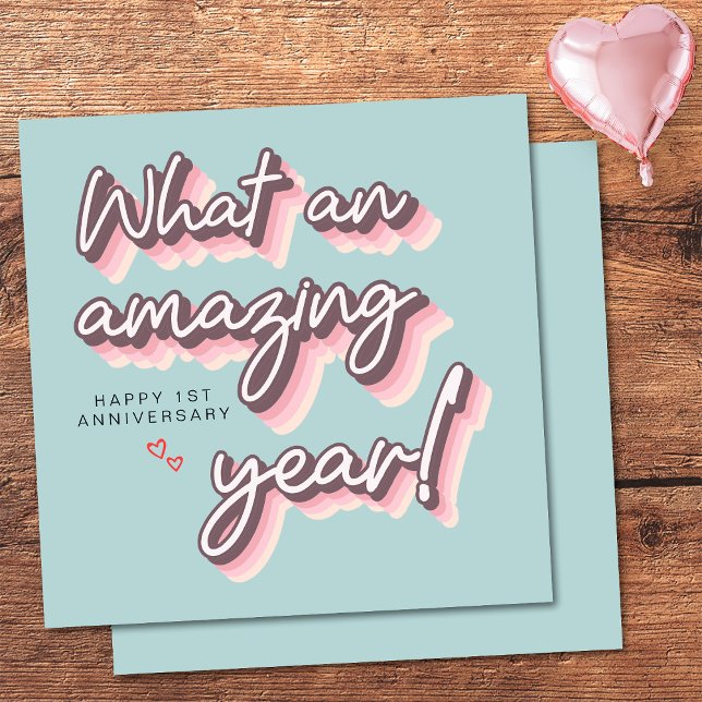 Simple Retro Pink Pastel happy 1st Anniversary Card (Front and Back)