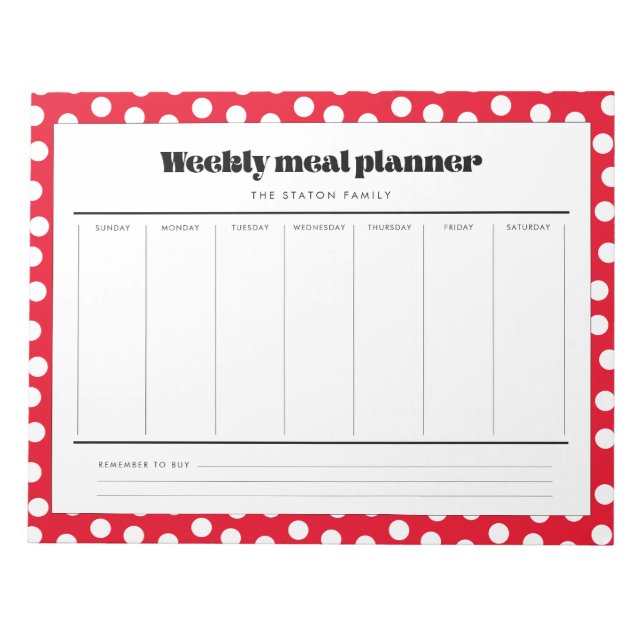 Simple retro polka dot weekly meal planner notepad (Front)