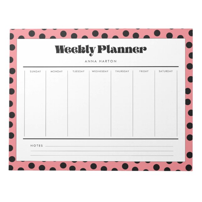 Simple retro polka dot weekly planner notepad (Front)