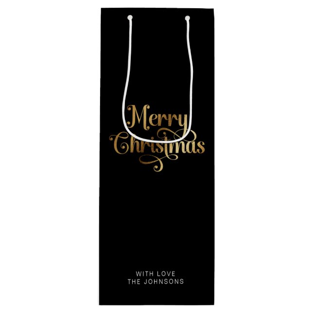 Simple Retro Script Black Gold Merry Christmas Wine Gift Bag (Front)