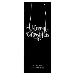 Simple Retro Script Black & White Merry Christmas Wine Gift Bag