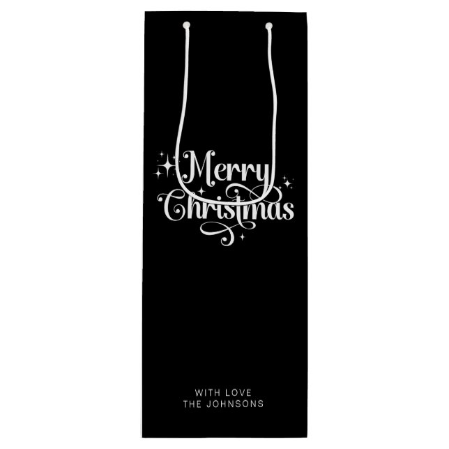 Simple Retro Script Black & White Merry Christmas Wine Gift Bag (Front)