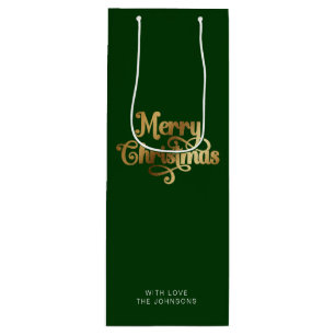 Simple Retro Script Green Gold Merry Christmas Wine Gift Bag
