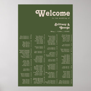 Simple Retro Vibe Olive Green Alphabetical Seating Poster