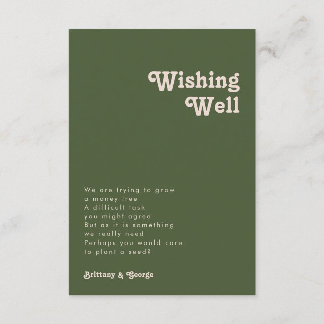 Simple Retro Vibe Olive Green Wedding Wishing Well Enclosure Card (Front)