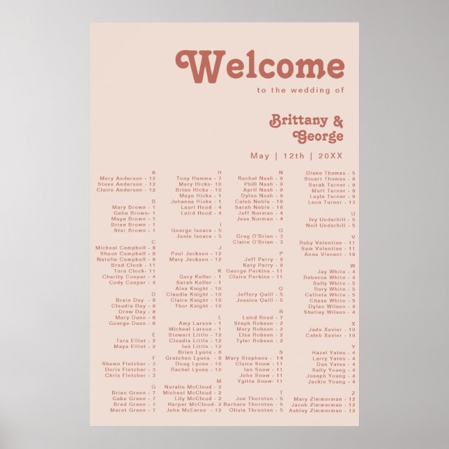 Simple Retro Vibes Blush Pink Alphabetical Seating Poster (Front)