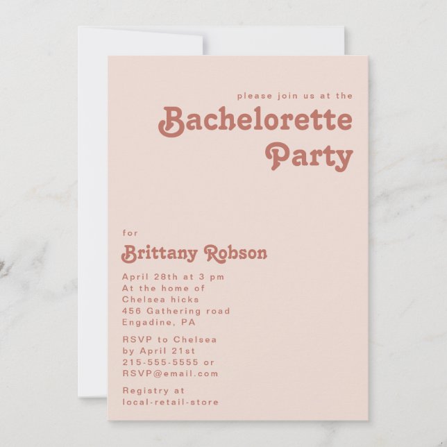 Simple Retro Vibes | Blush Pink Bachelorette Party Invitation (Front)