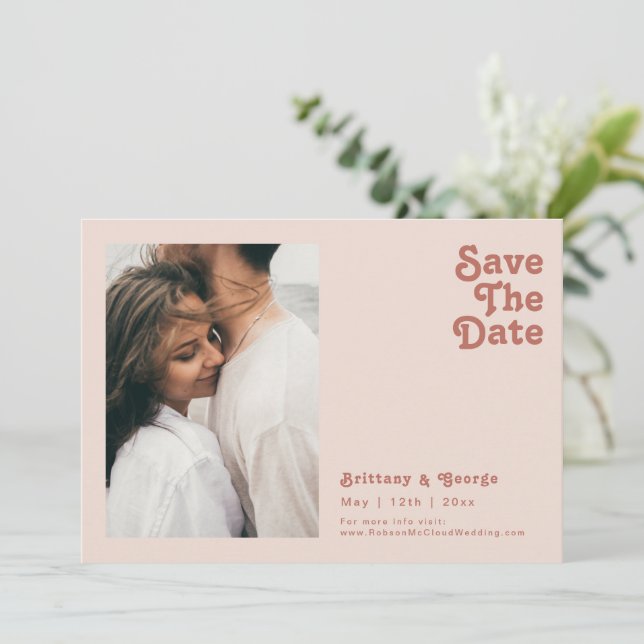 Simple Retro Vibes | Blush Pink Photo Horizontal Save The Date (Standing Front)