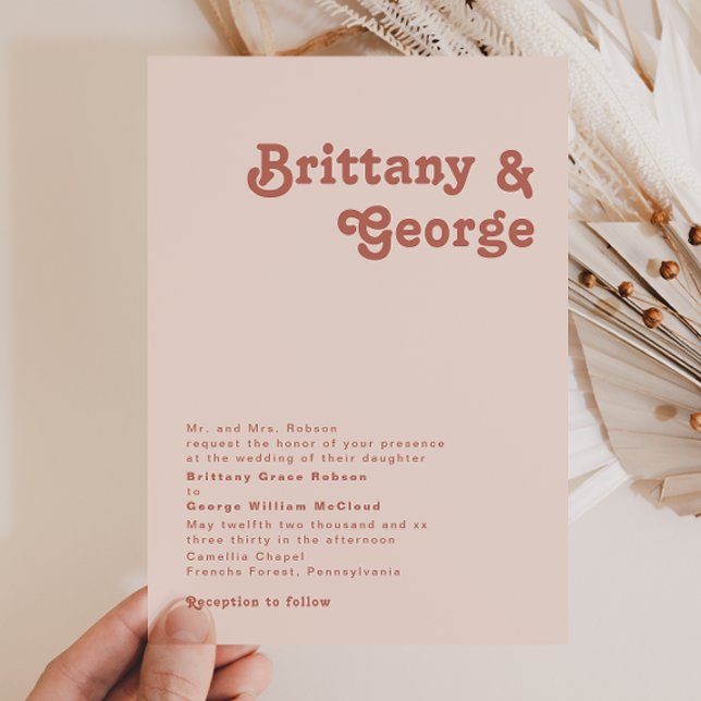 Simple Retro Vibes Blush Pink Traditional Wedding Invitation (Creator Uploaded)