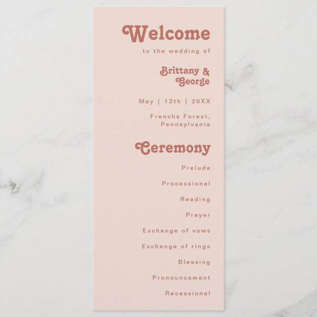 Simple Retro Vibes | Blush Pink Wedding Program Programme (Front)