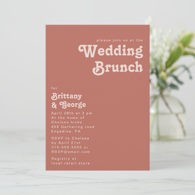Simple Retro Vibes | Old Rose Wedding Brunch Invitation (Standing Front)