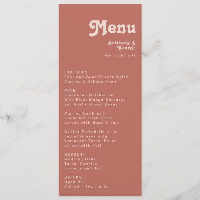 Simple Retro Vibes | Old Rose Wedding Dinner Menu (Front)