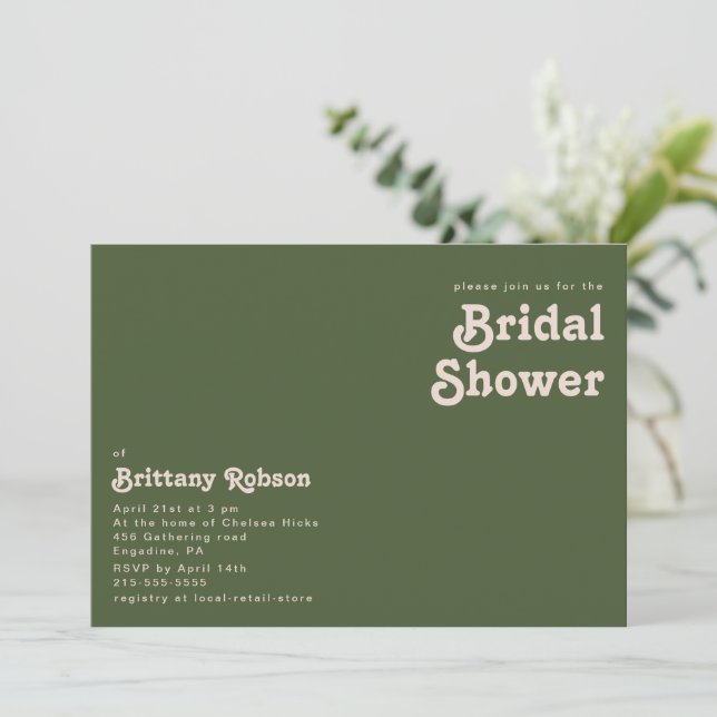 Simple Retro Vibes | Olive green Bridal Shower Invitation (Standing Front)