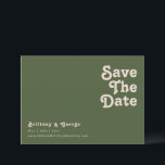 Simple Retro Vibes | Olive Green Horizontal Save The Date<br><div class="desc">This simple retro vibes | olive green horizontal save the date is perfect for your classic funky vintage earth tones wedding. The design features a minimalist hippie rustic boho font. The neutral southwest desert colour palette and earthy bohemian mid-century lettering combine for a perfect, minimal modern western destination design. Feel...</div>
