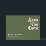 Simple Retro Vibes | Olive Green Horizontal Save The Date<br><div class="desc">This simple retro vibes | olive green horizontal save the date is perfect for your classic funky vintage earth tones wedding. The design features a minimalist hippie rustic boho font. The neutral southwest desert colour palette and earthy bohemian mid-century lettering combine for a perfect, minimal modern western destination design. Feel...</div>