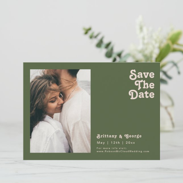 Simple Retro Vibes | Olive Green Photo Horizontal Save The Date (Standing Front)