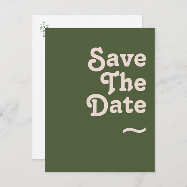 Simple Retro Vibes | Olive Green Save The Date Invitation Postcard (Front/Back)
