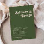 Simple Retro Vibes Olive Green Traditional Wedding Invitation<br><div class="desc">This simple retro vibes olive green traditional wedding invitation is perfect for your classic funky vintage earth tones wedding. The design features a minimalist hippie rustic boho font. The neutral southwest desert colour palette and earthy bohemian mid-century lettering combine for a perfect, minimal modern western destination design. Feel free to...</div>