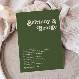Simple Retro Vibes Olive Green Traditional Wedding Invitation