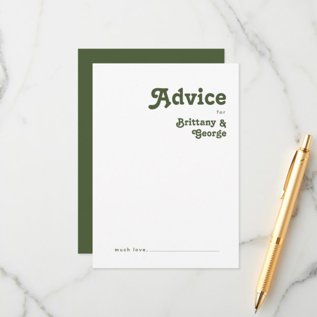 Simple Retro Vibes | Olive Green Wedding Advice Card (Front/Back In Situ)