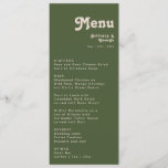 Simple Retro Vibes | Olive Green Wedding Dinner Menu<br><div class="desc">This simple retro vibes | olive green wedding dinner menu is perfect for your classic funky vintage earth tones wedding. The design features a minimalist hippie rustic boho font. The neutral southwest desert colour palette and earthy bohemian mid-century lettering combine for a perfect, minimal modern western destination design. Feel free...</div>