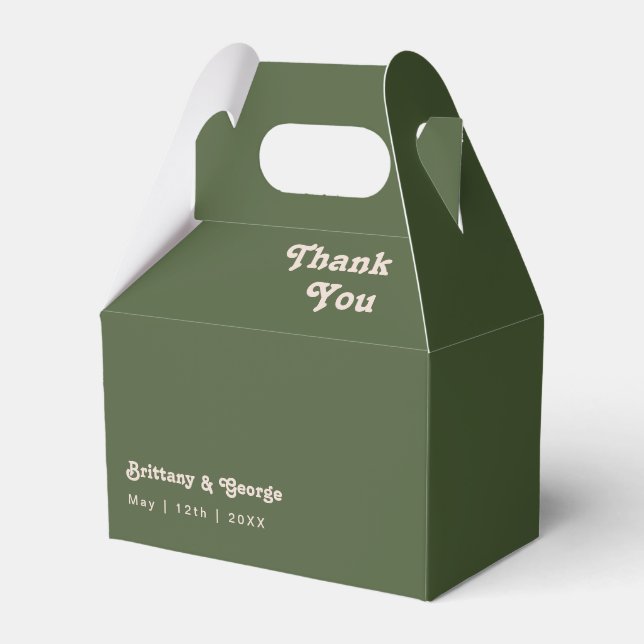 Simple Retro Vibes | Olive Green Wedding Favour Bo Box (Front Side)