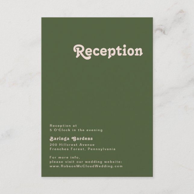 Simple Retro Vibes | Olive Green Wedding Reception Enclosure Card (Front)