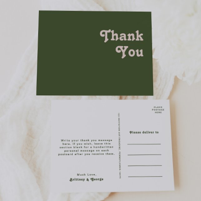 Simple Retro Vibes | Olive Green Wedding Thank You Postcard (Creator Uploaded)