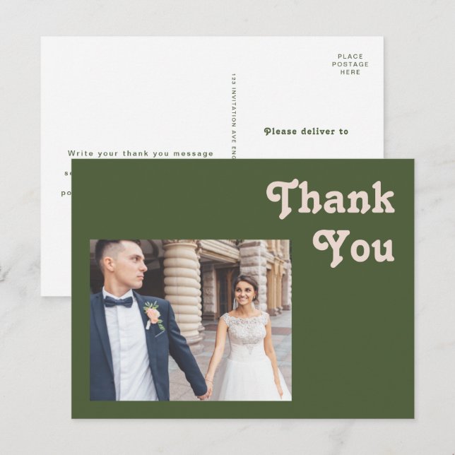 Simple Retro Vibes | Olive Green Wedding Thank You Postcard (Front/Back)