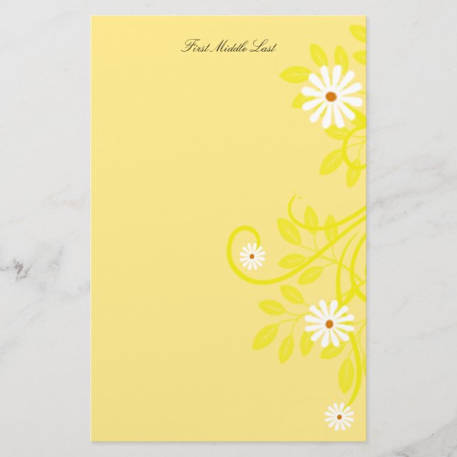 Simple Retro White Daisy Side Border Custom Stationery (Front)