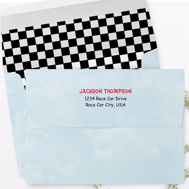 Simple Return Address Black and White Chequered Envelope (black and white checkered envelope with return address on the back flap.)