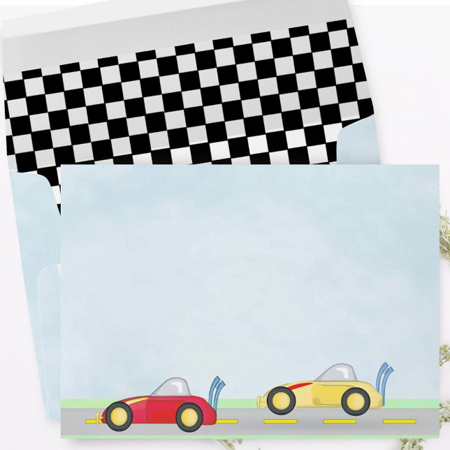 Simple Return Address Cute Race Cars Envelope (black and white checkered envelope with return address on the back flap. and race cars.)