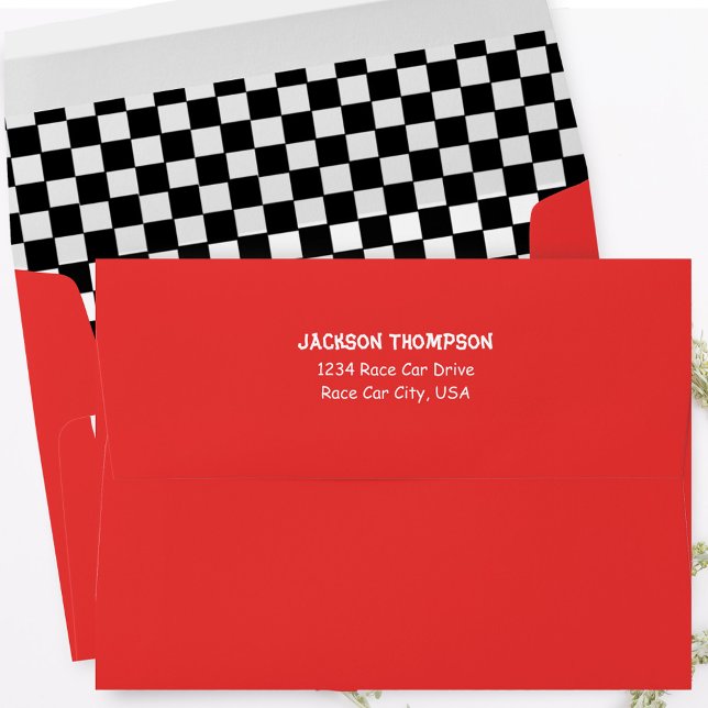 Simple Return Address Red Black White Chequered Envelope (Red with black and white checkered envelope with return address on the back flap.)