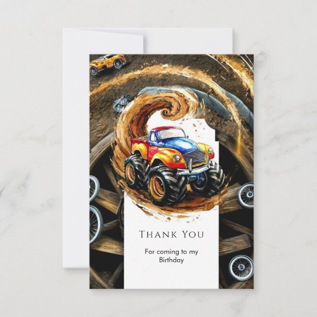 Simple Road Monster Truck Birthday Thank You Card (Front)