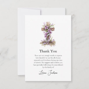 Simple Roman Catholic Cross Lilac Flowers Funeral Thank You Card