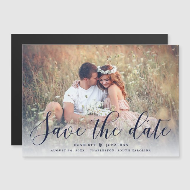 Simple Romance Elegant Photo Save the Date | Navy Magnetic Invitation (Front/Back)