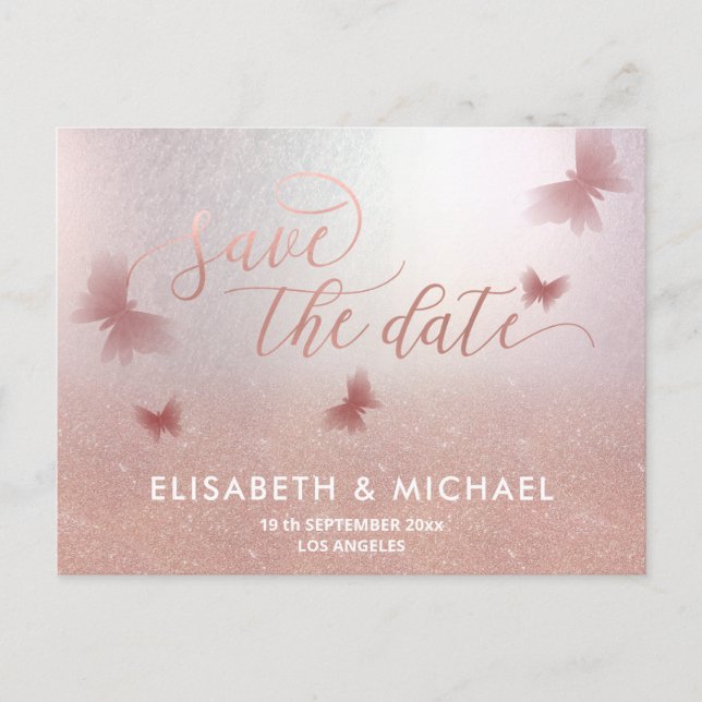 Simple romantic butterfly  rose gold calligraphy   announcement postcard (Front)