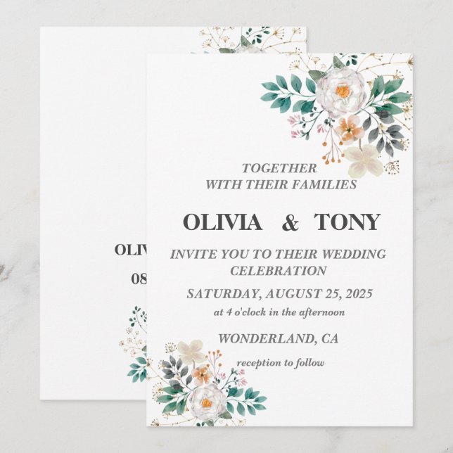  Simple Romantic Floral Wedding Invitation (Front/Back)