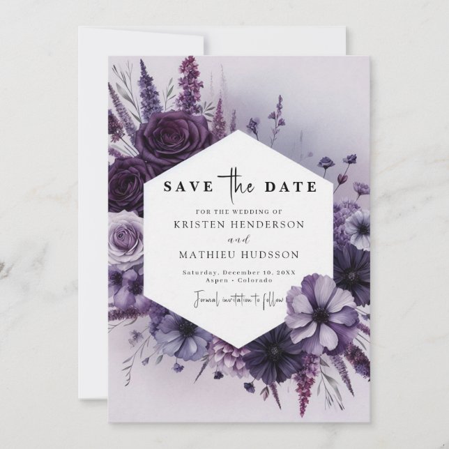 Simple Romantic Purple Floral Wedding Save The Date (Front)