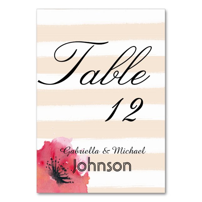 Simple Romantic Stripes Floral Table Number (Front)
