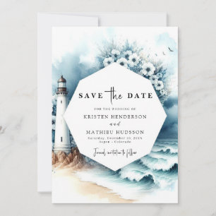Simple Romantic Typography Lighthouse Wedding Save The Date