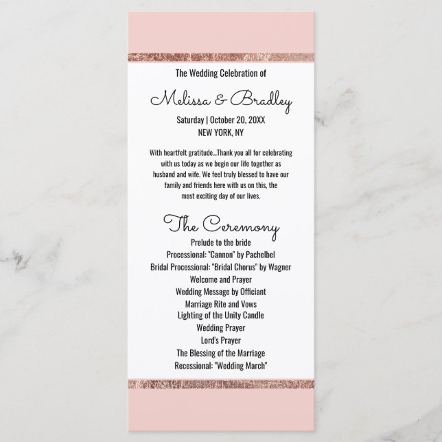 Simple Rose Gold Blush Pink Brush Script Program Programme (Front)