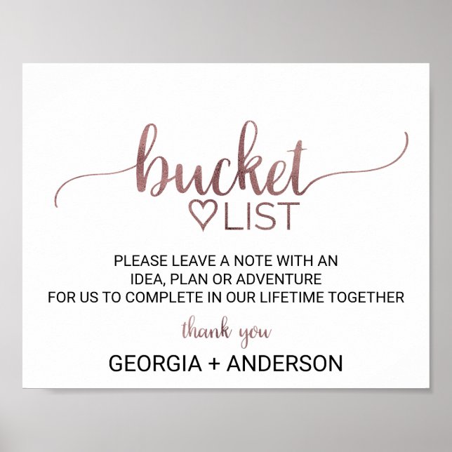 Simple Rose Gold Calligraphy Bucket List Sign (Front)