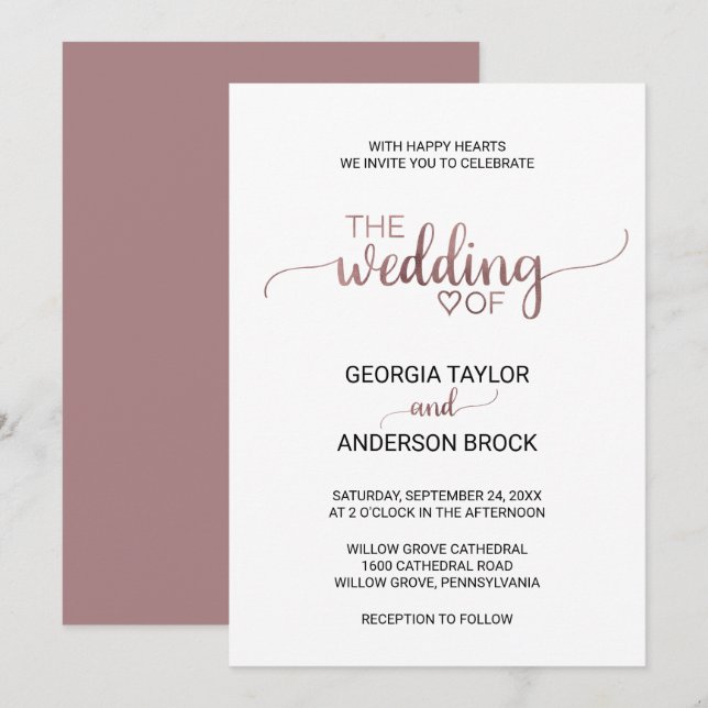 Simple Rose Gold Calligraphy Wedding Invitation (Front/Back)