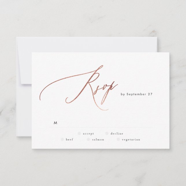 Simple Rose Gold Calligraphy Wedding RSVP Card (Front)