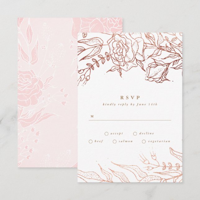 Simple Rose Gold Copper Elegant Floral Wedding RSVP Card (Front/Back)