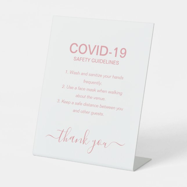 Simple Rose Gold Covid Safety Guidelines Party Pedestal Sign (Front)